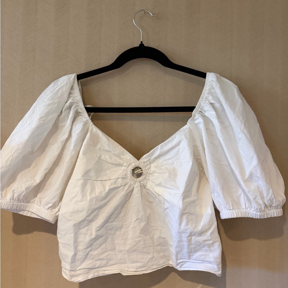 White Puff Sleeve V-Neck Top with Ring Detail